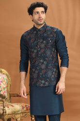 Rama Blue Silk Floral Embroidered Kurta Pajama with Jacket